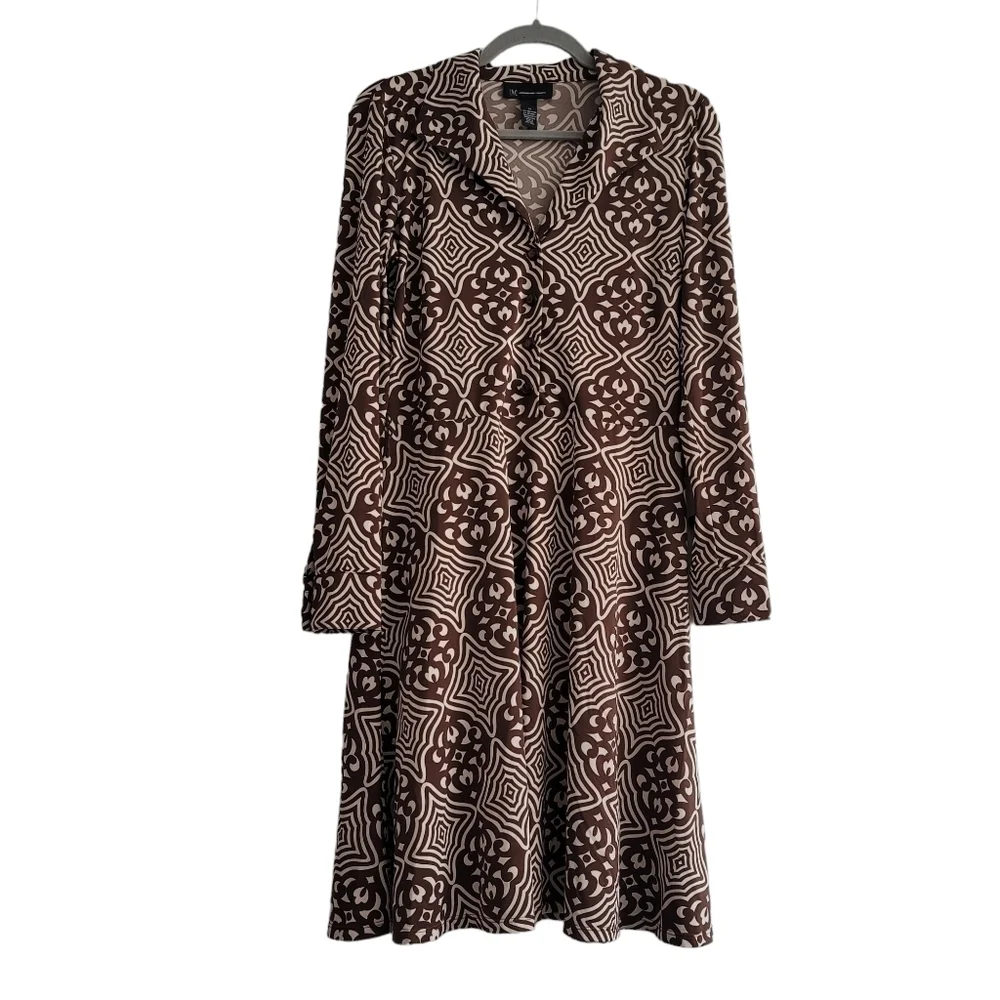 INC Size Medium Retro Floral Medallion Brown Long Sleeve Chunky Button Dress